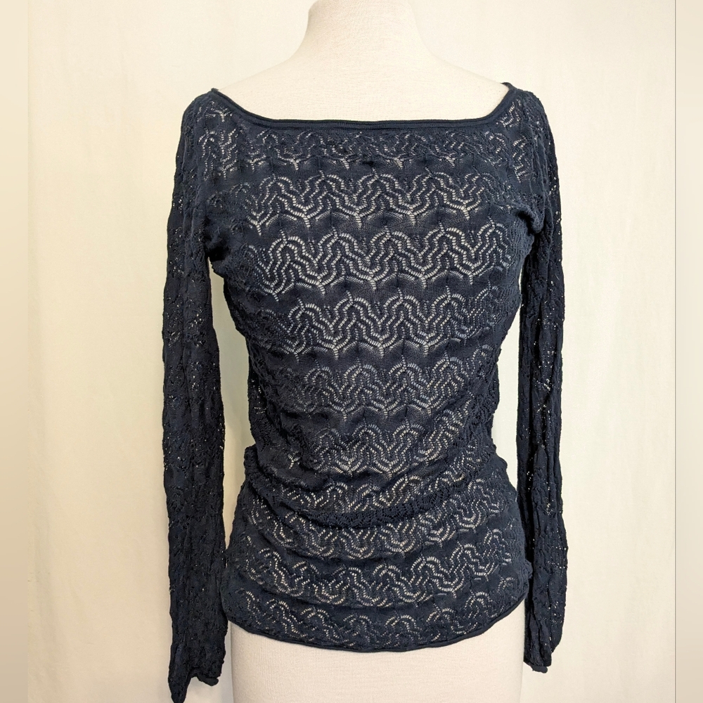 Open Knit Boatneck Lightweight Pullover Med Navy Blue Cotton Fitted